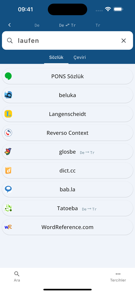 German Turkish Dictionary DeTr - Interface do aplicativo Dicionário Alemão Turco mostrando uma lista de fontes de dicionário para a palavra 'laufen'