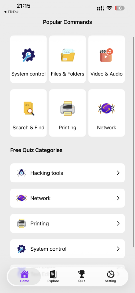 Learn Linux Commands - User interface of the Learn Linux Commands app showing popular command categories and free quiz sections.