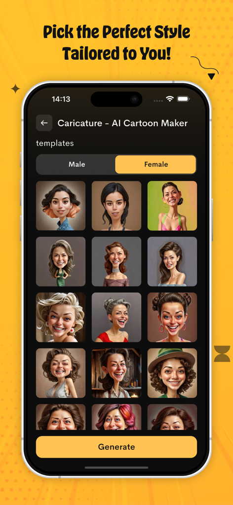 アプリ内で選択できる、さまざまな女性の似顔絵スタイルのテンプレートを表示するインターフェース
