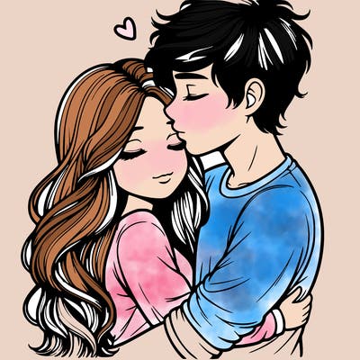 a realistic couple boy and girl hugging and kissing
