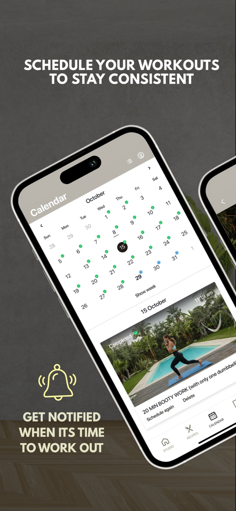 Interfaz de la aplicación Daily Thrive mostrando un calendario de entrenamiento mensual con marcas verdes para sesiones completadas y una función de alerta de notificación.