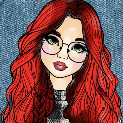 girl with long hair and freckles and glasses realistic