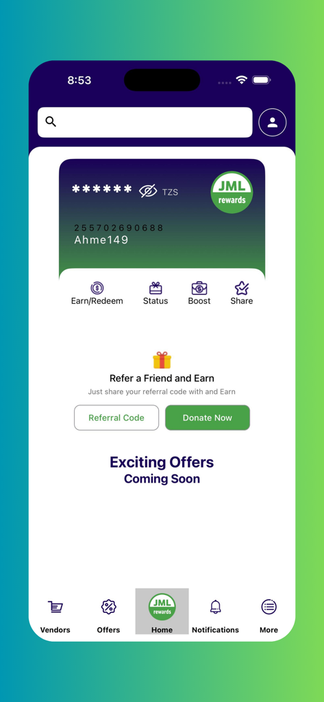 JML Rewards app dashboard featuring a digital card and referral program