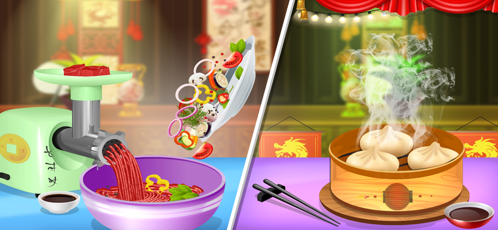 Chinese Food Maker Chef Games - A meat grinder processing ingredients and a bamboo steamer with dumplings in a virtual cooking game