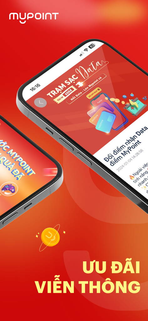 MyPoint: Tích điểm muôn nơi - Aplicativo móvel MyPoint mostrando recompensas de telecomunicações e opções de recarga de dados para redes vietnamitas