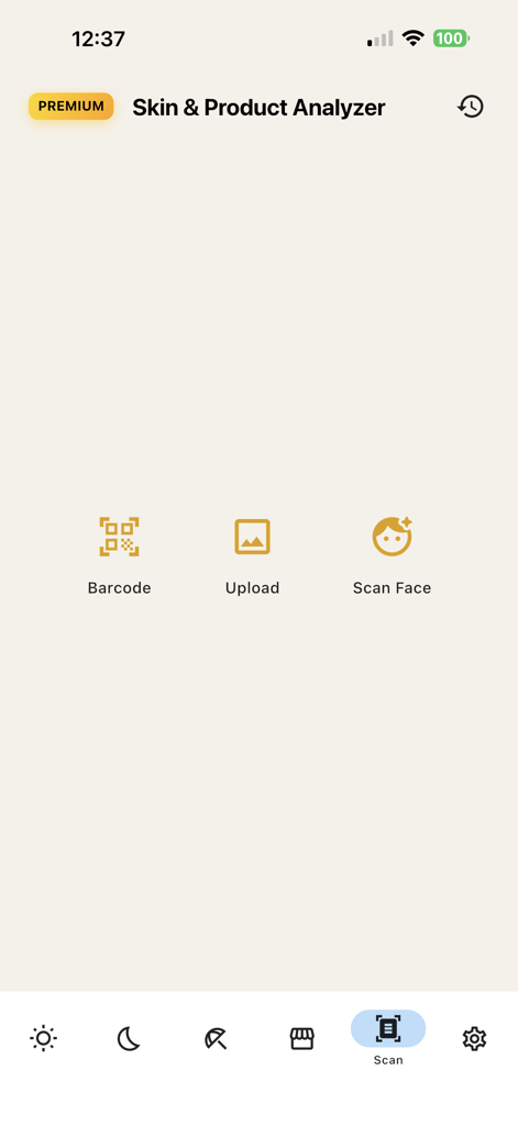 Tela do analisador de pele e produtos Sky and Sol com opções para digitalização de código de barras e análise facial