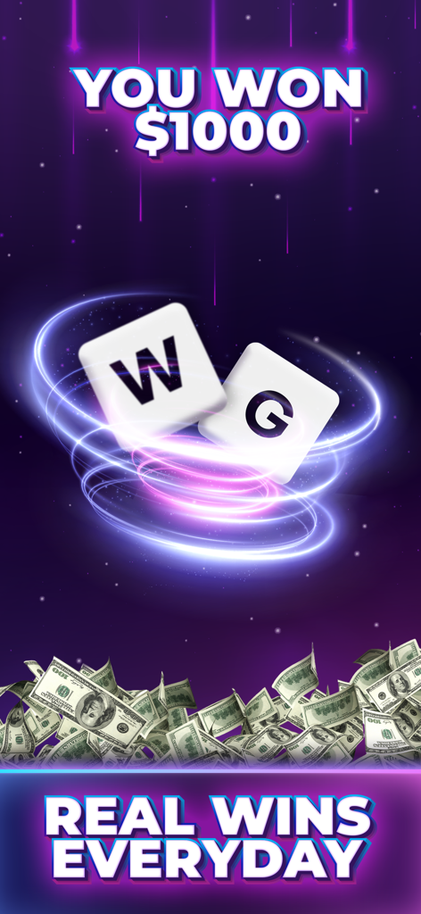 A screenshot of Guess the Word app showing a one thousand dollar cash win with letter tiles and stacks of money.