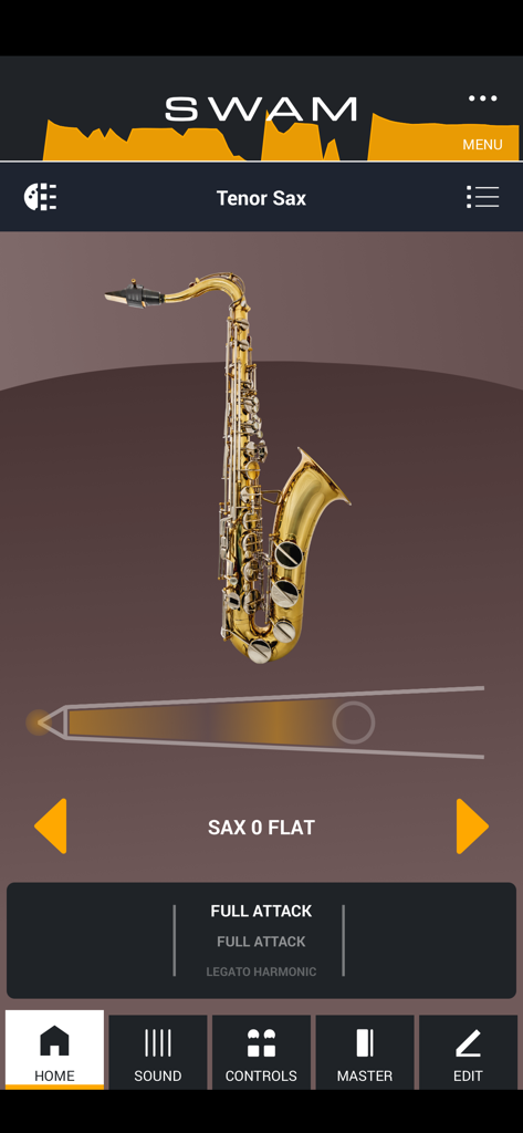 Écran d'accueil de l'application instrument virtuel SWAM Tenor Sax avec des contrôles de production musicale professionnels.