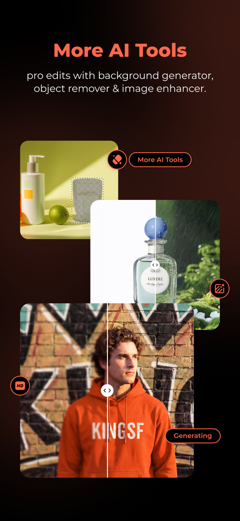 Showcase of Designkit AI tools including object removal background generation and image enhancement
