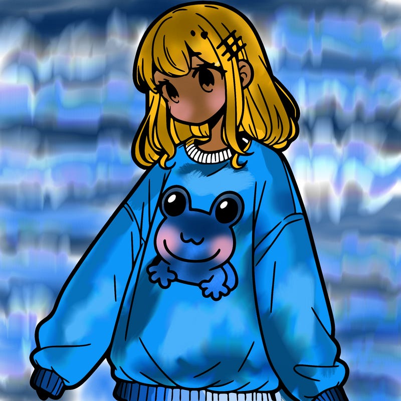 girl wearing frogging sweatshirt