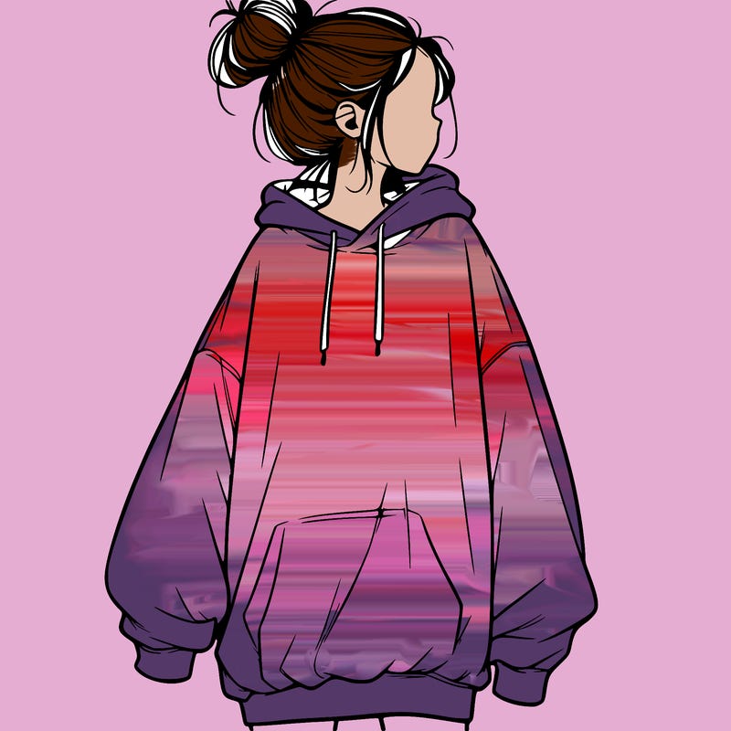 realistic girl with a oversized sweatshirt on and a bun