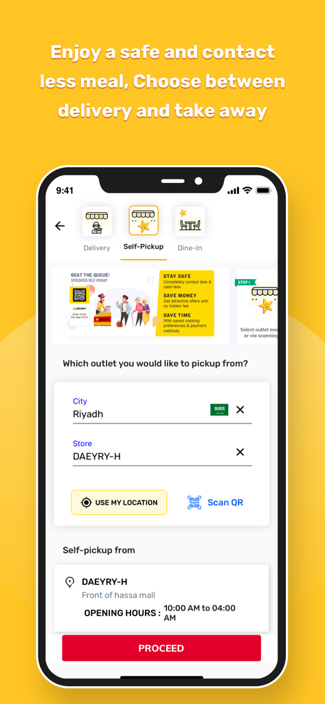 Hardee's Saudi Arabia - Online - Hardee's Saudi Arabia mobile app screen for selecting a self-pickup location in Riyadh
