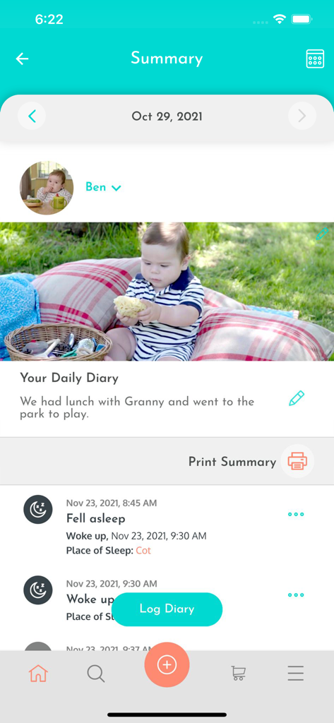 Nanny Louenna - Nanny Louenna app summary screen displaying a childs daily diary entry and sleep activity log.