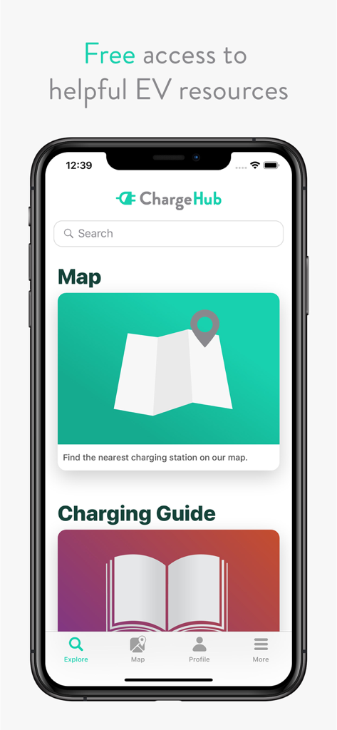 ChargeHub EV Charge Point Map - Screenshot della schermata principale dell'app ChargeHub con le sezioni mappa e guida alla ricarica per i proprietari di veicoli elettrici.
