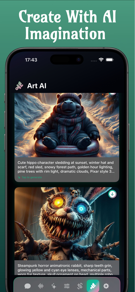 Interfaz móvil del Generador de Arte IA Perchance mostrando imágenes generadas de un hipopótamo lindo y un conejo steampunk con sus prompts de texto creativos.