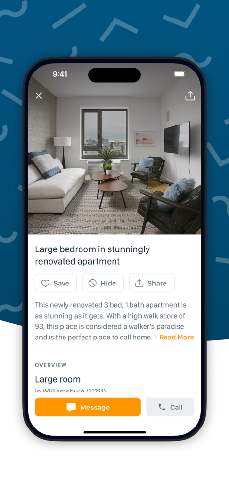 Screenshot of the SpareRoom US app showing a detailed listing for a large room in a renovated apartment in Williamsburg Brooklyn