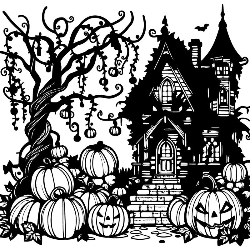 fairy gothic mystical halloween house setting with pumpkins that have long wirey vines