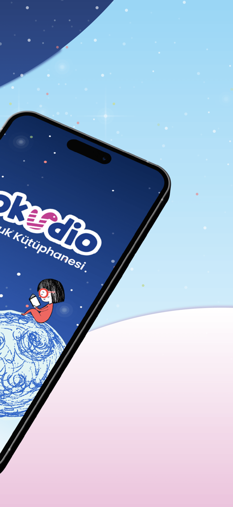 OKUDIO - Okudio app splash screen featuring a young girl reading a book on a stylized planet under a starry sky