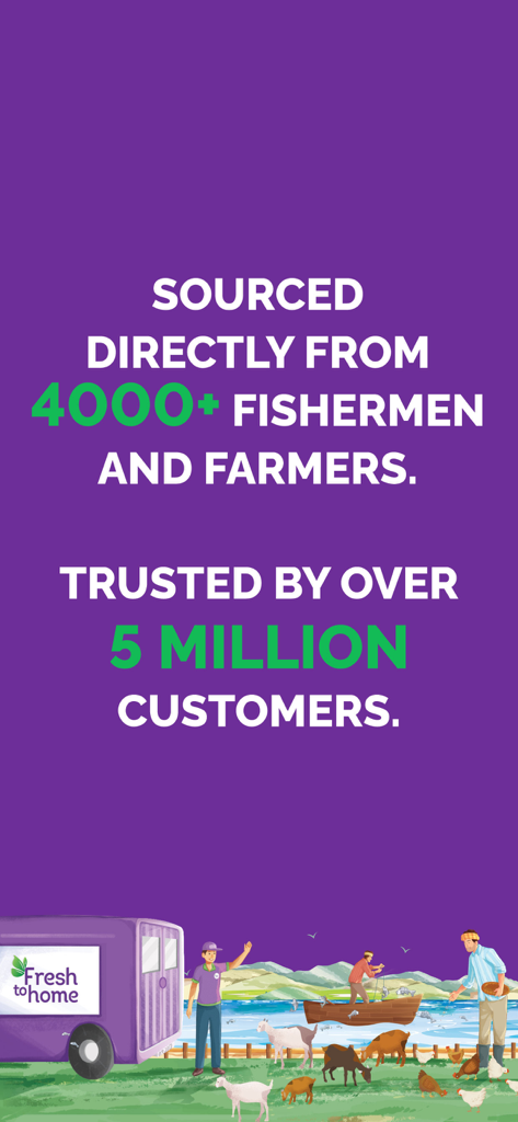 FreshToHome app screen highlighting direct sourcing from over 4000 fishermen and farmers and trust from over 5 million customers