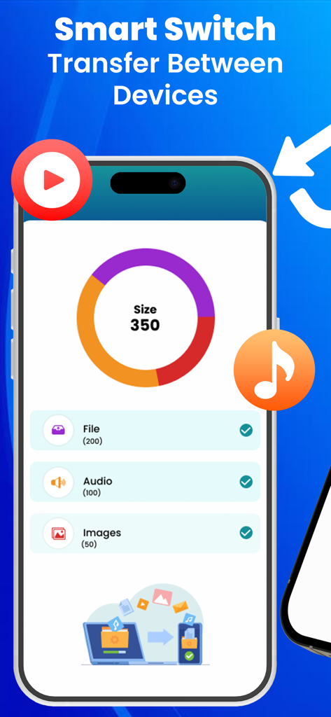 Interface of Smart Switch app showing file categories and storage size for device transfer