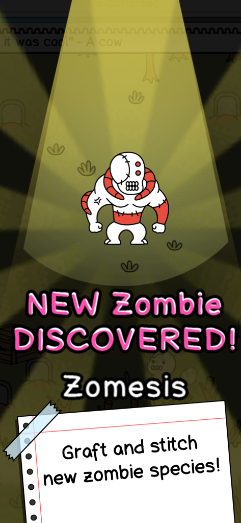 Una pantalla del juego Zombie Evolution anunciando el descubrimiento de una nueva especie de zombi musculoso llamada Zomesis