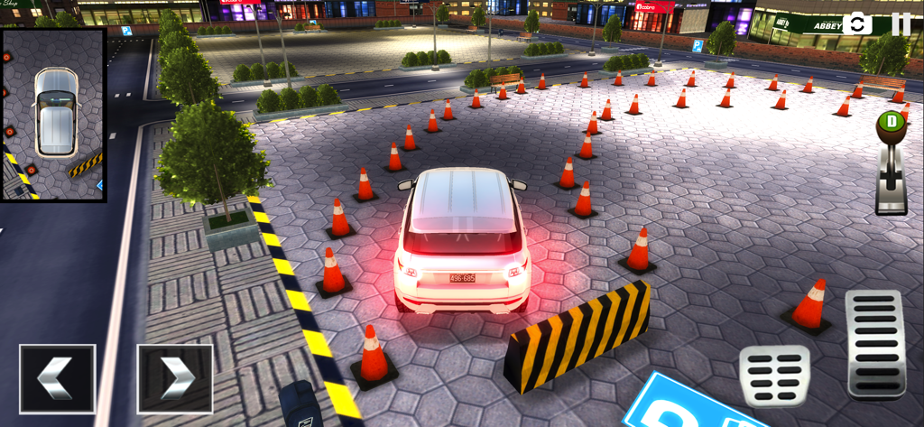 White SUV parking between orange traffic cones at night