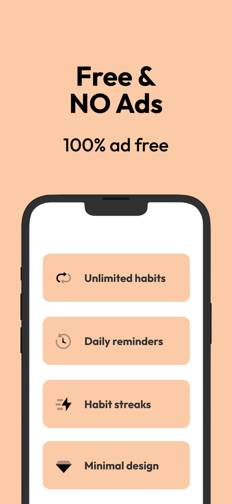 Onrise habit tracker app features showing unlimited habits and no ads on a minimalist interface