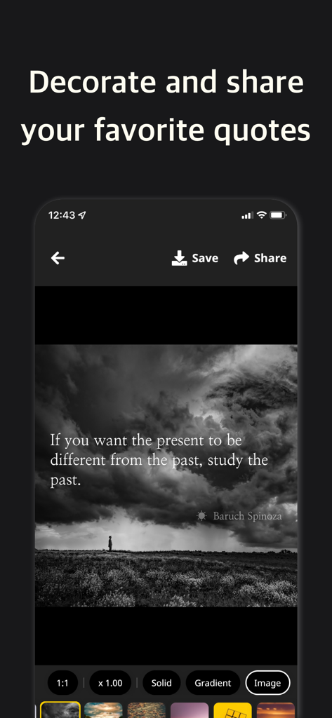 Happy Typing - Affirmations - Interface showing a custom affirmation quote with options to save and share.