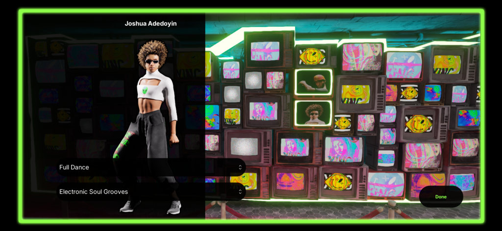 Xing 360 - Una pantalla de selección de personajes 3D en la aplicación de baile Xing 360 con un avatar de Joshua Adedoyin frente a una pared de TV retro