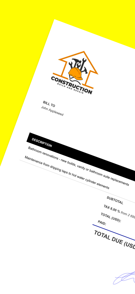 Un exemple de facture de construction professionnelle créé avec l'application Freebie Invoice Maker, comprenant des services détaillés et une signature numérique