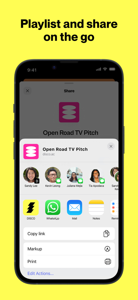 DISCO Music Management - Interface of DISCO Music Management app showing options to share a music playlist pitch on mobile