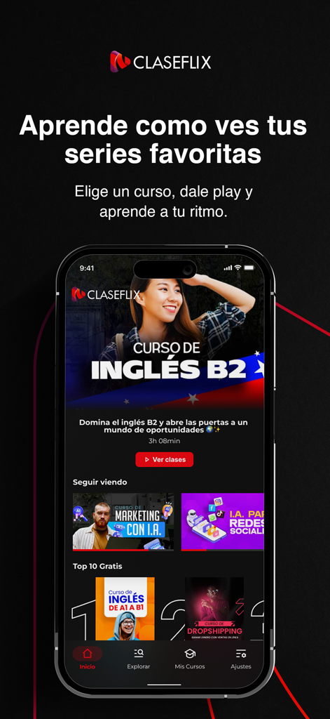 Claseflix - Cursos En Línea - Interfaccia dell'app mobile Claseflix che mostra corsi online professionali in spagnolo con un layout di servizio di streaming