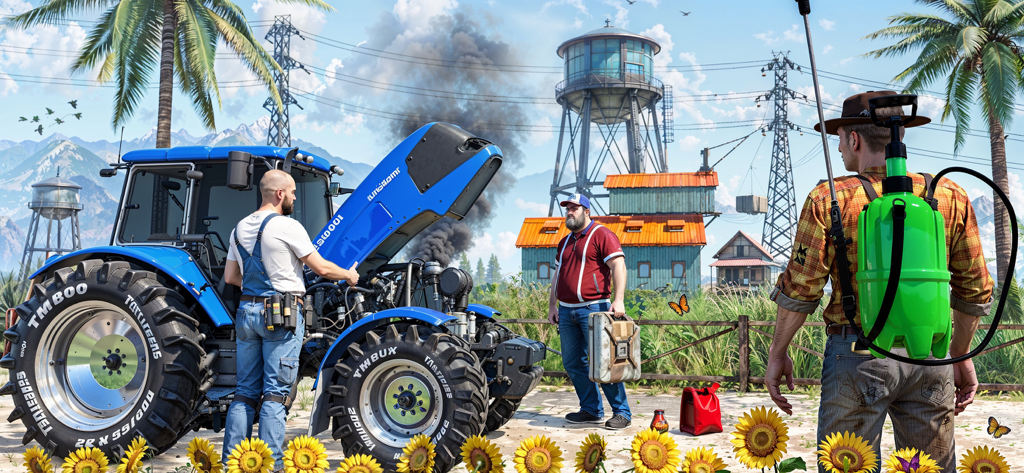 Tractor Driving Farming Games - Farmers working on a blue tractor maintenance scene in a sunny rural landscape with sunflowers