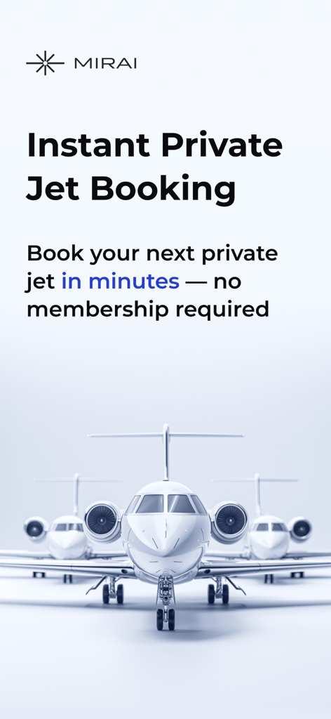 Mirai Flights - Mirai Flights app screen for instant private jet booking with no membership required