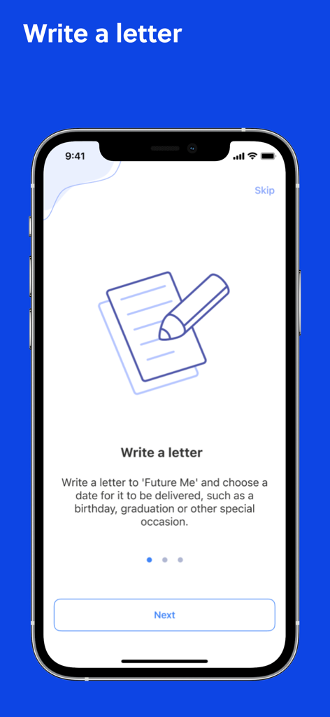 Écran d'intégration de l'application FutureMe expliquant comment écrire une lettre à votre futur moi.