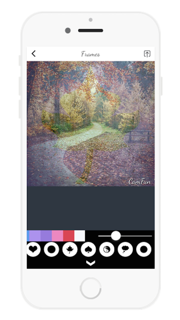 المصمم العربي للكاميرا - A mobile app interface for Arabic Camera Designer featuring a leaf shaped frame on a nature photograph