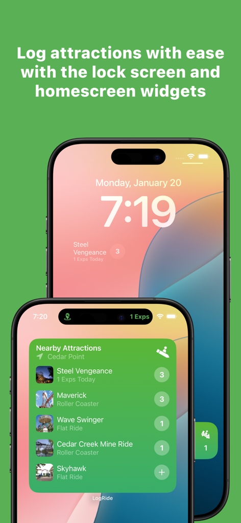 Widgets de pantalla de bloqueo y pantalla de inicio de la aplicación LogRide que muestran atracciones cercanas y recuentos de atracciones