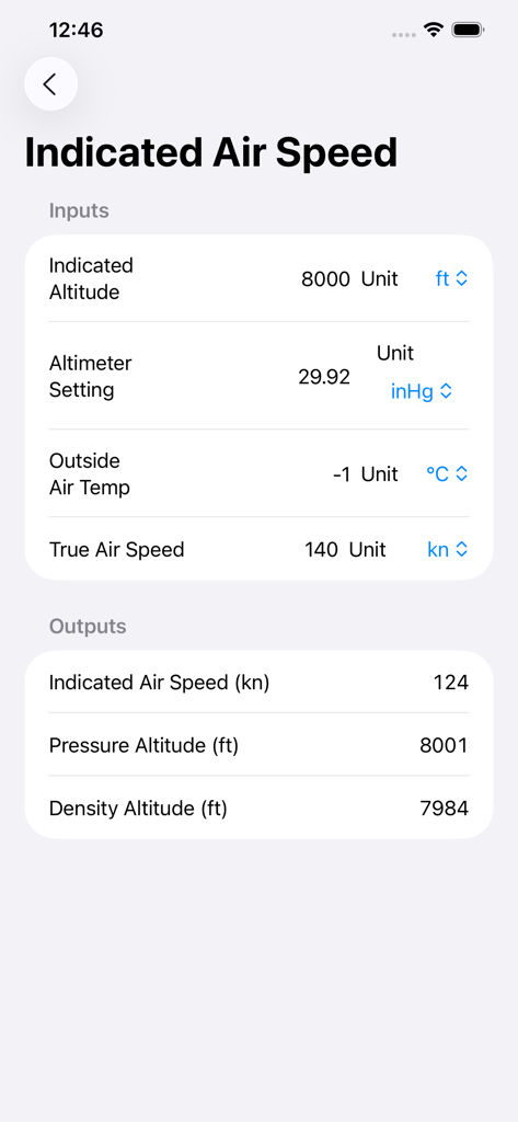 Indicated Air Speed calculation interface showing inputs for altitude, altimeter setting, and temperature with density altitude outputs.