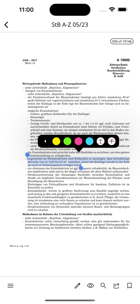 Straßenbau A-Z - Digital technical document for road construction with text highlighting tools.