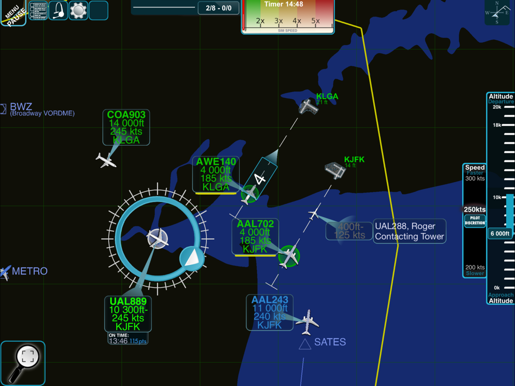 Interfaz de radar del simulador ATC Voice mostrando aeronaves aproximándose a aeropuertos de Nueva York