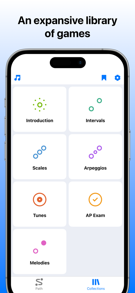 Ella: Sight Singing & Reading - Captura de pantalla de la aplicación Ella que muestra una biblioteca de juegos de aprendizaje musical que incluyen intervalos, escalas, arpegios y preparación para el examen AP