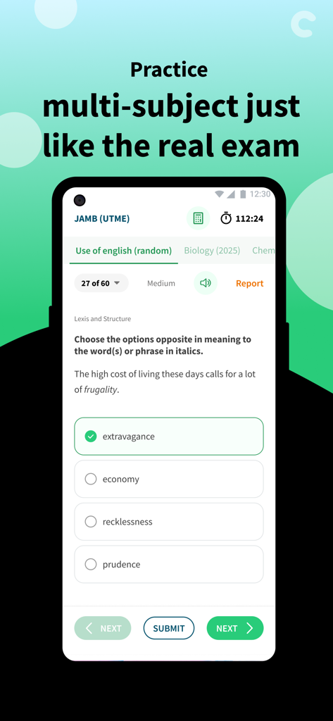 Class54 - JAMB CBT 2026 - Interfaz de la aplicación Class54 que muestra una pregunta de práctica de inglés JAMB UTME sobre vocabulario