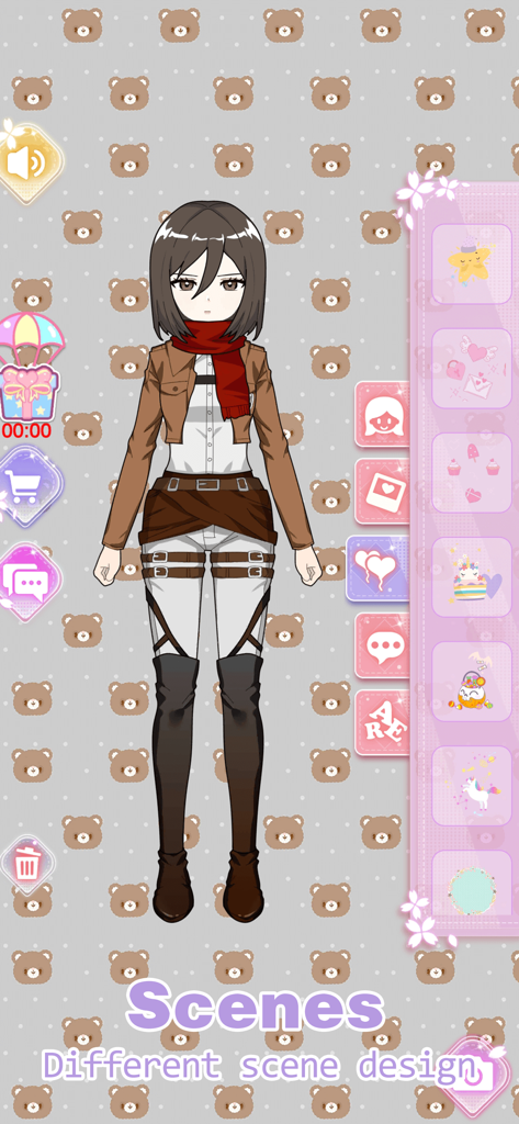 Una captura de pantalla del juego de vestir Vlinder Princess que muestra un personaje de chica de anime con un atuendo estilo militar marrón con una bufanda roja sobre un fondo con estampado de osos.