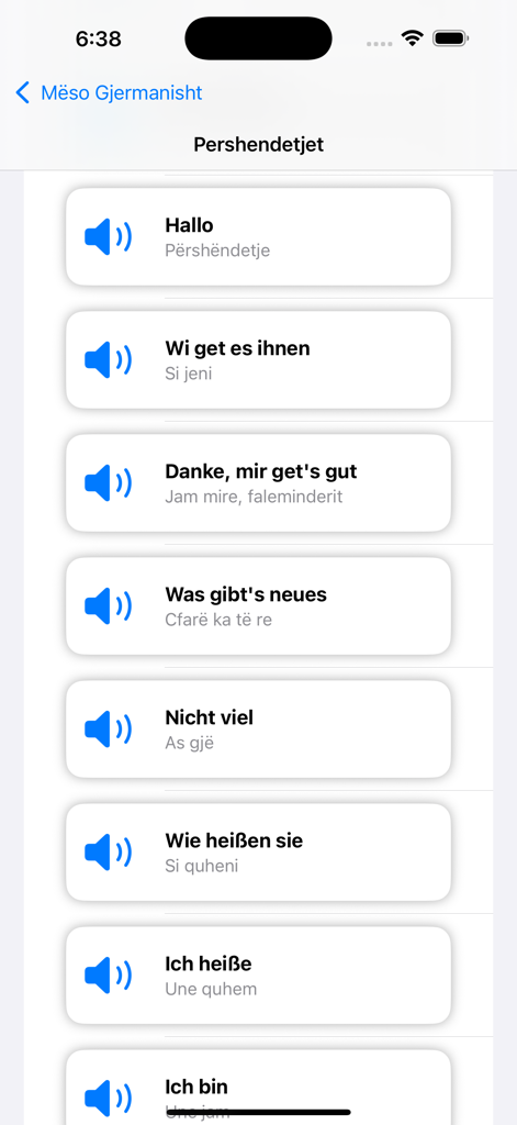Meso Gjermanisht 2026 - Lista de saudações e frases em alemão com traduções albanesas e ícones de áudio