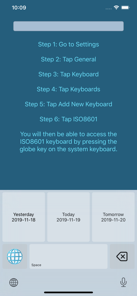 Guía de configuración e interfaz del teclado ISO 8601 que muestra botones de acceso rápido para fechas de ayer, hoy y mañana