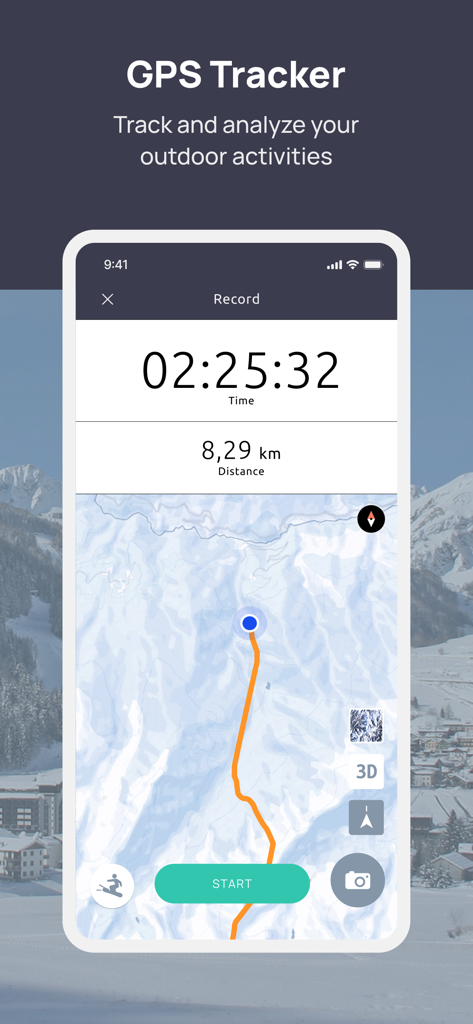 Espace San Bernardo app GPS tracker interface showing ski activity time and distance on a topographic map