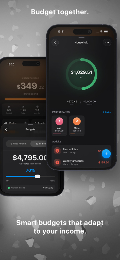 Control - your money - Control app interface showing a shared household budget with participants and a smart budget calculator that adapts to income level