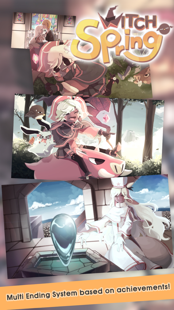 Anime style character illustrations from WitchSpring showing the multi ending system