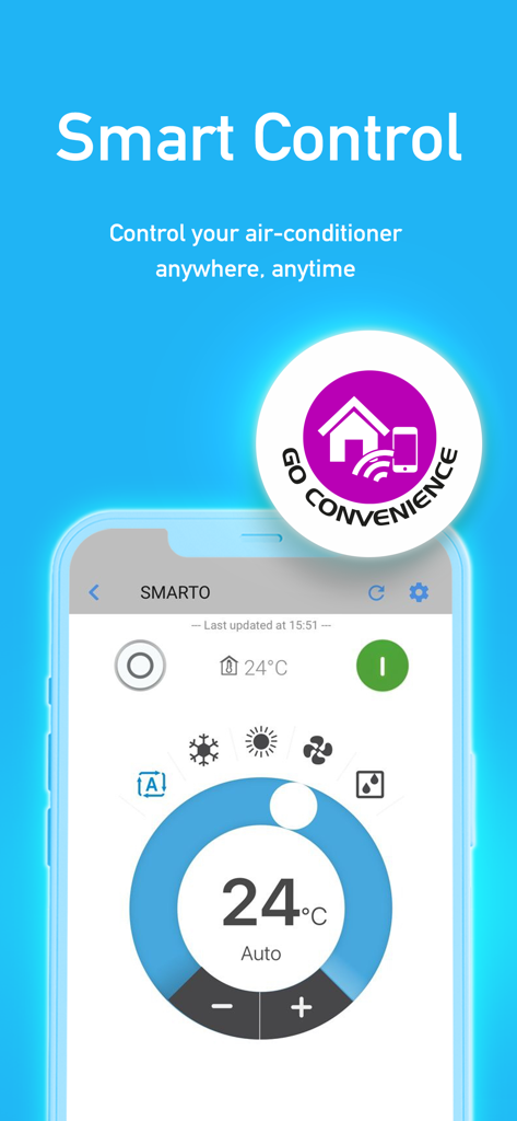 GO DAIKIN - GO DAIKIN app interface showing smart air conditioner remote control settings on a smartphone screen