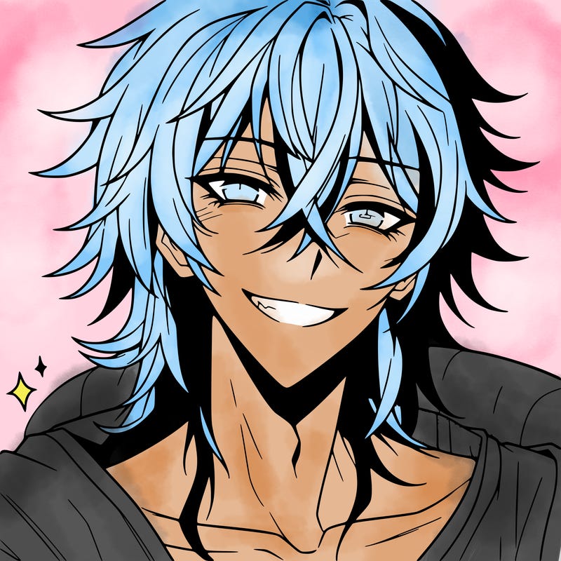 hot anime boy with long ish hair and a has a grin
